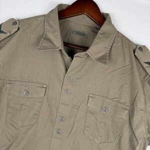 7 Diamonds Military Button Up Shirt Mens XL Brown Short Sleeve Epaulets Crest